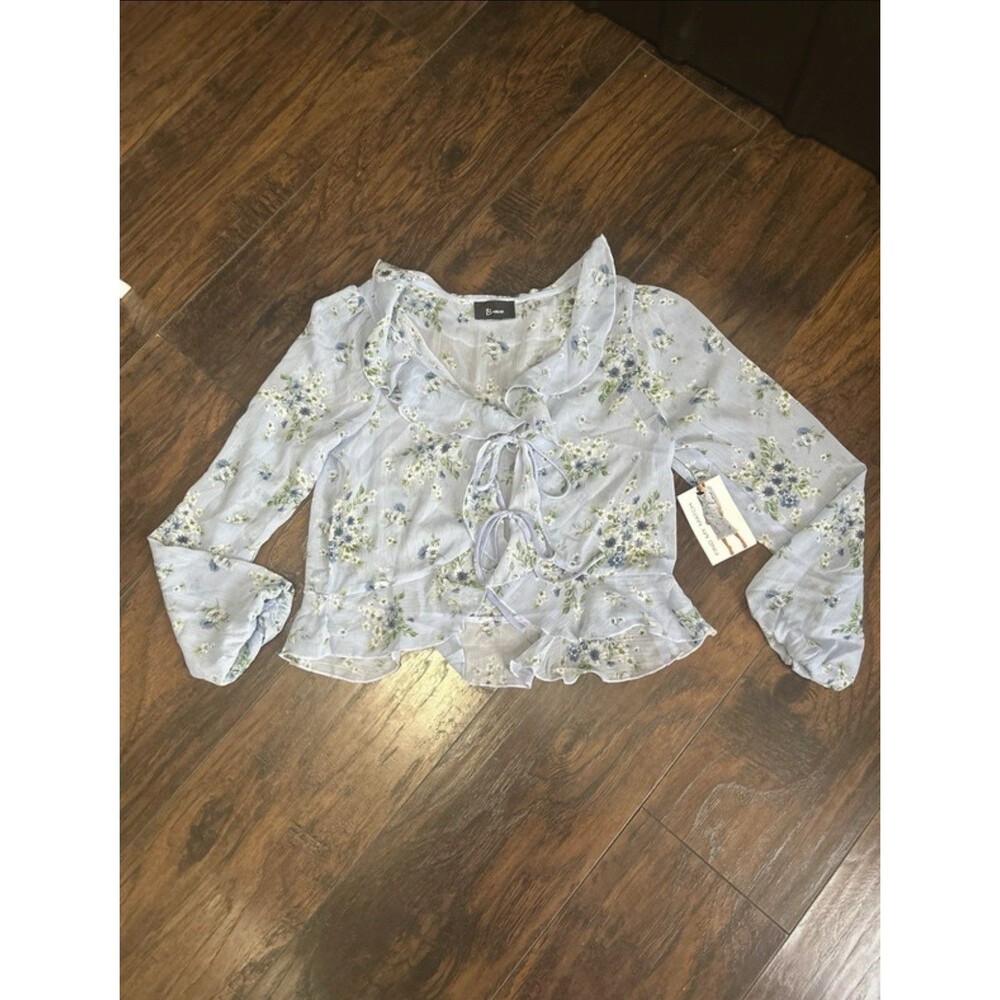 Women’s Small Fairy Coquette Tie Front Bow Peasant Top Blue Floral Romantic